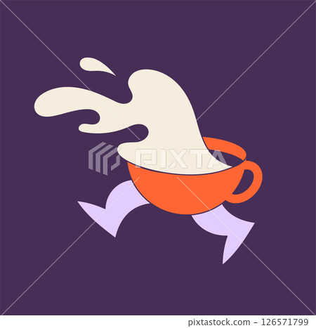 Funny hand drawn cartoon of running coffee cup character. Funny hand drawn cartoon of running coffee cup character. 126571799