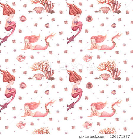 Delicate watercolor pattern in pink, beige, peach with mermaids, shells and fish. Seamless watercolor pattern for kids on the theme of sea life. 126571877