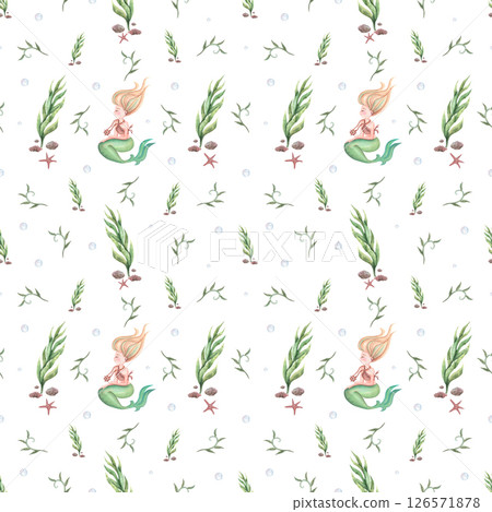 Delicate watercolor pattern in green with mermaids, starfish and seaweed. Seamless watercolor pattern for kids on the theme of sea life. 126571878