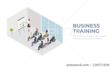 Performance tribune, speech. Teamwork set with business presentation conference coworking workplace brainstorming and discussion isolated. Indicators and coaching. Vector isometric, 3d 126571936