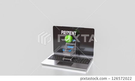 The Green sphere and icon on Notebook 3d Rendering. 126572022