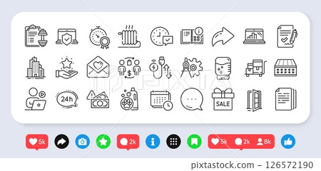 Graph laptop, Open door and Select alarm line icons pack. Social media: share, comment, like icons. Best result, Approved agreement, Copy documents web icon. Vector Graph laptop, Open door and Select alarm line icons pack. Social media: share, comment, like icons. Best result, Approved agreement, Copy documents web icon. Vector 126572190