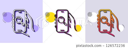 Search app line icon. Halftone dotted pattern. Gradient icon with grain shadow. Hand hold phone sign. Cellphone with screen notification symbol. Line search app icon. Various designs. Vector 126572236