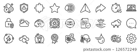 Computer fan, Execute and Graph laptop line icons pack. Share, Message, Paper plane icons. Phosphorus mineral, Consolidation, Star web icon. Vr, Timer, World water pictogram. Vector 126572249
