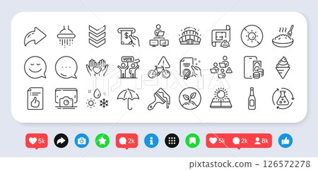 Porridge, Atm service and Smile line icons pack. Social media: share, comment, like icons. Ice cream, Shower, Teamwork web icon. No sun, Brush, Beer pictogram. Vector 126572278