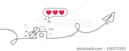 Loyalty gift box line icon. Continuous line with share plane. Bonus points. Discount program symbol. Hearts rate review in speech bubble. Loyalty gift single line ribbon. Loop curve pattern. Vector 126572283