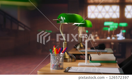 Grand serene academic library featuring traditional architecture for quiet study, elegant desks and historic charm in an old fashioned space. Formal environment for research, education and knowledge. Grand serene academic library featuring traditional architecture for quiet study, elegant desks and historic charm in an old fashioned space. Formal environment for research, education and knowledge. 126572397