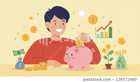 Saving for your dreams! A man saving with a smile Saving for your dreams! A man saving with a smile 126572480