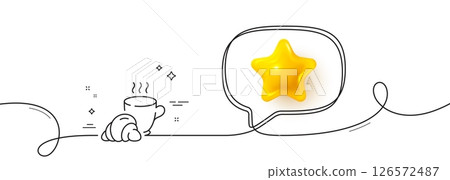 Coffee break line icon. Continuous line with 3d star. Breakfast hot tea sign. Coffee time symbol. 3d star in speech bubble. Coffee break single line ribbon. Loop curve pattern. Vector 126572487