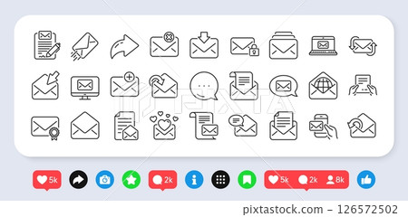 Mail message line icons. Social media: share, comment, like icons. Email document, Newsletter, Correspondence icons. Received mail, Secure message and Web letter. Vector 126572502