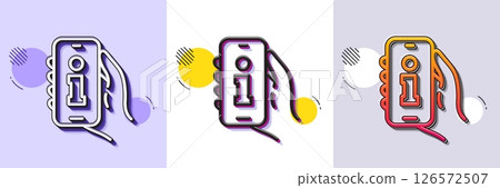 Info app line icon. Halftone dotted pattern. Gradient icon with grain shadow. Hand hold phone sign. Cellphone with screen notification symbol. Line info app icon. Various designs. Vector 126572507