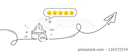 Uv protection cream line icon. Continuous line with share plane. Skin care sign. Cosmetic lotion symbol. Five star rate review in speech bubble. Uv protection single line ribbon. Vector 126572574