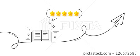 Book line icon. Continuous line with share plane. Education symbol. Instruction or E-learning sign. Five star rate review in speech bubble. Education single line ribbon. Loop curve pattern. Vector Book line icon. Continuous line with share plane. Education symbol. Instruction or E-learning sign. Five star rate review in speech bubble. Education single line ribbon. Loop curve pattern. Vector 126572583