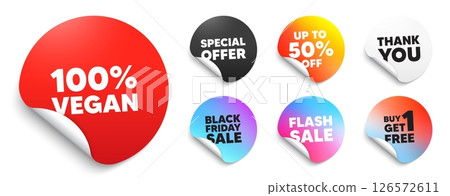 Vegan food red sticker tag. Special offer paper price tags. 100 percent vegan tag. Organic bio food sign. Vegetarian product symbol. Discount, black friday sticker. Promo banner. Vector 126572611