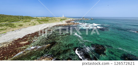 Aerial view of Aomori Prefecture, the white Shiriyasaki Lighthouse at the northernmost tip of Honshu, Shimokita Peninsula 126572621
