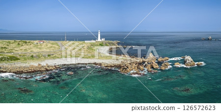 Aerial view of Aomori Prefecture, the white Shiriyasaki Lighthouse at the northernmost tip of Honshu, Shimokita Peninsula Aerial view of Aomori Prefecture, the white Shiriyasaki Lighthouse at the northernmost tip of Honshu, Shimokita Peninsula 126572623