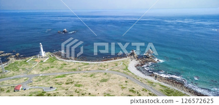 Aerial view of Aomori Prefecture, the white Shiriyasaki Lighthouse at the northernmost tip of Honshu, Shimokita Peninsula 126572625