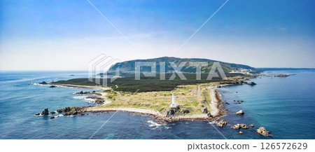 Aerial view of Aomori Prefecture, the white Shiriyasaki Lighthouse at the northernmost tip of Honshu, Shimokita Peninsula Aerial view of Aomori Prefecture, the white Shiriyasaki Lighthouse at the northernmost tip of Honshu, Shimokita Peninsula 126572629