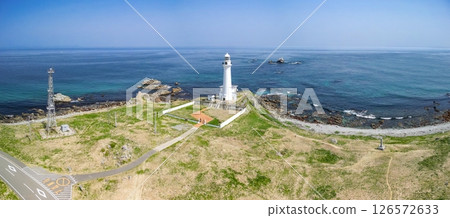 Aerial view of Aomori Prefecture, the white Shiriyasaki Lighthouse at the northernmost tip of Honshu, Shimokita Peninsula 126572633