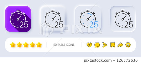 Timer 25 minutes line icon. Neumorphic, Flat shadow, 3d buttons. Stopwatch time sign. Countdown clock symbol. Line timer icon. Social media icons. Vector 126572636
