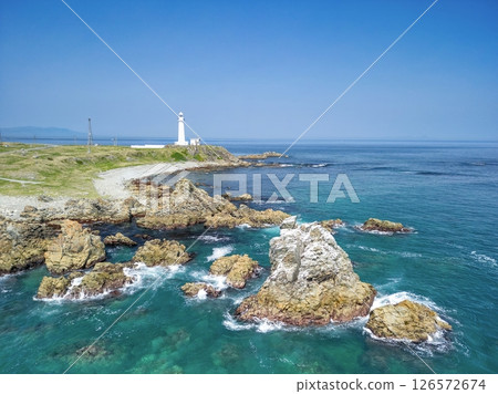 Aerial view of Aomori Prefecture, the white Shiriyasaki Lighthouse at the northernmost tip of Honshu, Shimokita Peninsula Aerial view of Aomori Prefecture, the white Shiriyasaki Lighthouse at the northernmost tip of Honshu, Shimokita Peninsula 126572674
