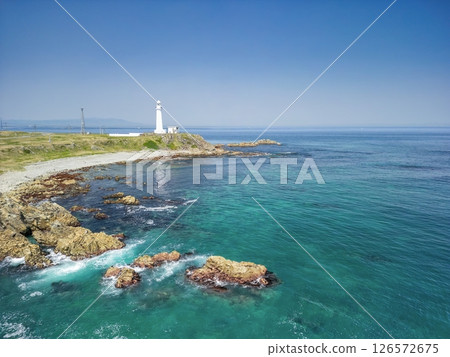 Aerial view of Aomori Prefecture, the white Shiriyasaki Lighthouse at the northernmost tip of Honshu, Shimokita Peninsula 126572675