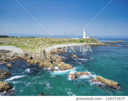 Aerial view of Aomori Prefecture, the white Shiriyasaki Lighthouse at the northernmost tip of Honshu, Shimokita Peninsula 126572677