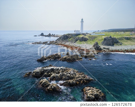 Aerial view of Aomori Prefecture, the white Shiriyasaki Lighthouse at the northernmost tip of Honshu, Shimokita Peninsula 126572678