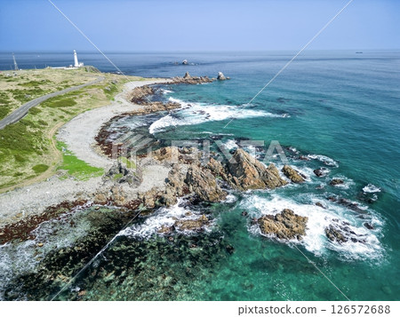 Aerial view of Aomori Prefecture, the white Shiriyasaki Lighthouse at the northernmost tip of Honshu, Shimokita Peninsula Aerial view of Aomori Prefecture, the white Shiriyasaki Lighthouse at the northernmost tip of Honshu, Shimokita Peninsula 126572688