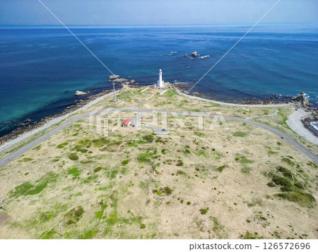 Aerial view of Aomori Prefecture, the white Shiriyasaki Lighthouse at the northernmost tip of Honshu, Shimokita Peninsula Aerial view of Aomori Prefecture, the white Shiriyasaki Lighthouse at the northernmost tip of Honshu, Shimokita Peninsula 126572696