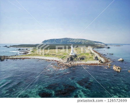 Aerial view of Aomori Prefecture, the white Shiriyasaki Lighthouse at the northernmost tip of Honshu, Shimokita Peninsula Aerial view of Aomori Prefecture, the white Shiriyasaki Lighthouse at the northernmost tip of Honshu, Shimokita Peninsula 126572699