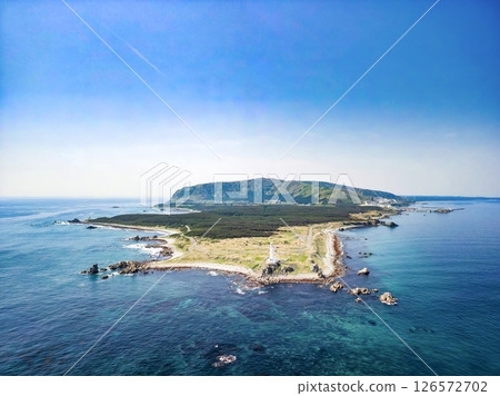 Aerial view of Aomori Prefecture, the white Shiriyasaki Lighthouse at the northernmost tip of Honshu, Shimokita Peninsula 126572702