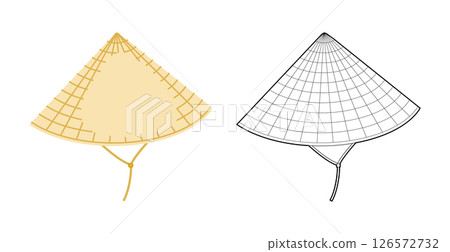 Chinese Asian Hat with Toggle Chin Strap. Head Fashion accessory cap clothing technical illustration. Vector headgear 126572732
