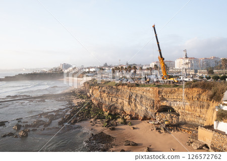 Drone shot of shoreline stabilization work with Drone shot of shoreline stabilization work with 126572762