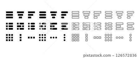 Set of hamburger menu icons. Different black list web buttons isolated on white background. Website interface navigation elements for mobile app or computer browser. Vector graphic illustration 126572836