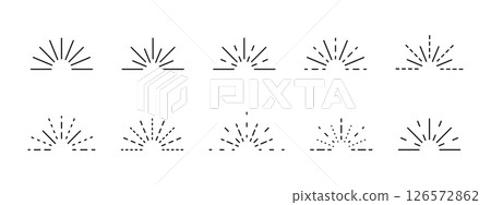 Set of sun symbols in semicircle shapes. Fireworks icons. Starburst, sunrise or sunset signs isolated on white background. Light, burst, flash or radiance pictograms. Vector graphic illustration Set of sun symbols in semicircle shapes. Fireworks icons. Starburst, sunrise or sunset signs isolated on white background. Light, burst, flash or radiance pictograms. Vector graphic illustration 126572862