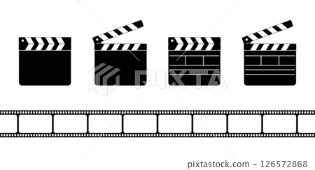Clapper board icons and film strip isolated on white background. Closed and open movie clapboard silhouettes. Camera and action concept. Cinema production objects. Vector graphic illustration 126572868
