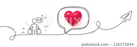 Vip shopping bags line icon. Continuous line with share plane. Very important person sign. Member club privilege symbol. 3d heart in speech bubble. Vip shopping single line ribbon. Vector Vip shopping bags line icon. Continuous line with share plane. Very important person sign. Member club privilege symbol. 3d heart in speech bubble. Vip shopping single line ribbon. Vector 126573044