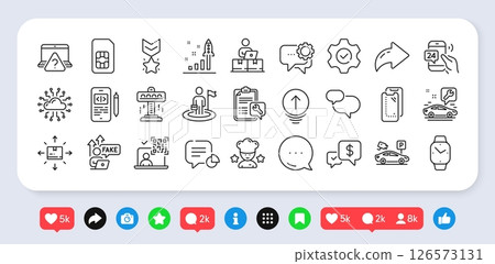 Best chef, Spanner and Development plan line icons pack. Social media: share, comment, like icons. Smartwatch, Attraction, Online question web icon. Vector Best chef, Spanner and Development plan line icons pack. Social media: share, comment, like icons. Smartwatch, Attraction, Online question web icon. Vector 126573131