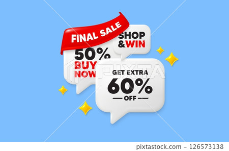Extra discount speech bubbles. Final sale flag ribbon. Get Extra 60 percent off Sale. Discount offer price sign. Special offer symbol. Save 60 percentages. Vector 126573138