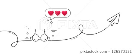 Bra brassiere line icon. Continuous line with share plane. Breast lingerie sign. Women chest underwear symbol. Hearts rate review in speech bubble. Bra single line ribbon. Loop curve pattern. Vector Bra brassiere line icon. Continuous line with share plane. Breast lingerie sign. Women chest underwear symbol. Hearts rate review in speech bubble. Bra single line ribbon. Loop curve pattern. Vector 126573151