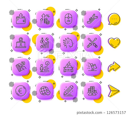 Escalator, Wallet and Video conference line icons. App 3d buttons. Social media comment, share, like icons. Pack of Inflation, Brand contract, Time zone icon. Vector 126573157