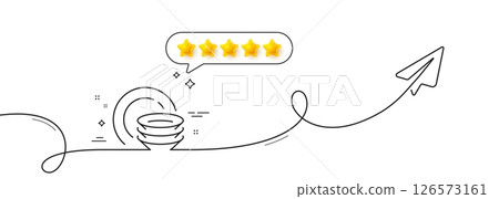 Dishes line icon. Continuous line with share plane. Tableware plates sign. Food kitchenware symbol. Five star rate review in speech bubble. Dishes single line ribbon. Loop curve pattern. Vector 126573161