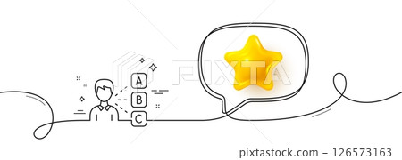 Opinion or choice line icon. Continuous line with 3d star. Select answer sign. Business test symbol. 3d star in speech bubble. Opinion single line ribbon. Loop curve pattern. Vector 126573163