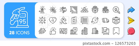 Energy inflation, Inventory and Buildings line icons. Interest rate, AI generate, Inflation icons. Pack of Skyscraper buildings, Petrol station, Diesel station icon. Vector 126573203