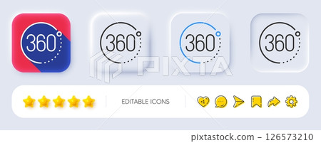 360 degrees line icon. Neumorphic, Flat shadow, 3d buttons. VR simulation sign. Panoramic view symbol. Line 360 degrees icon. Social media icons. Vector 126573210