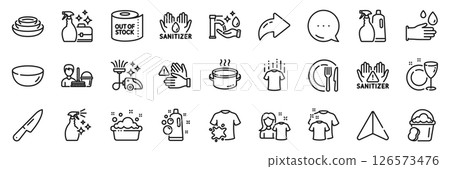 Sponge, Shampoo and spray and Toilet paper line icons pack. Share, Message, Paper plane icons. Clean shirt, Washing hands, Cleanser spray web icon. Vector 126573476