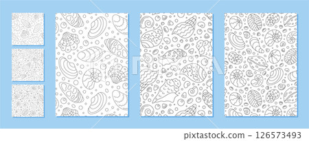 Seamless outline marine pattern set with aquatic seashells. Doodle design featuring underwater shell and ocean forms. Intricate aquatic shapes drawn in abstract style, inspired by the marine world. Seamless outline marine pattern set with aquatic seashells. Doodle design featuring underwater shell and ocean forms. Intricate aquatic shapes drawn in abstract style, inspired by the marine world. 126573493