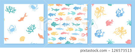 Underwater seamless pattern set in flat cartoon graphic style. Marine visuals showcasing aquatic life, colorful fish, and the vast ocean world. Ideal for sea and summer themed projects, textiles, or 126573513