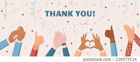 Diverse colorful hands raised in cheerful applause. Multicultural gestures symbolizing greeting, celebration, and appreciation. Community poster theme with unity and friendship, perfect for colorful 126573514